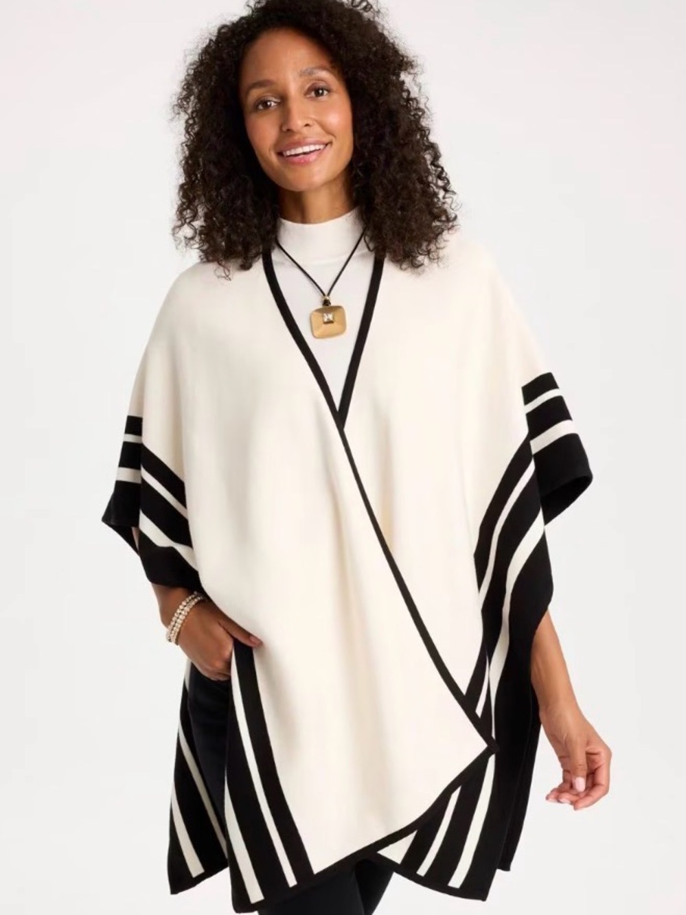 Chico's Ruana White and Black Striped Wrap Poncho L/XL